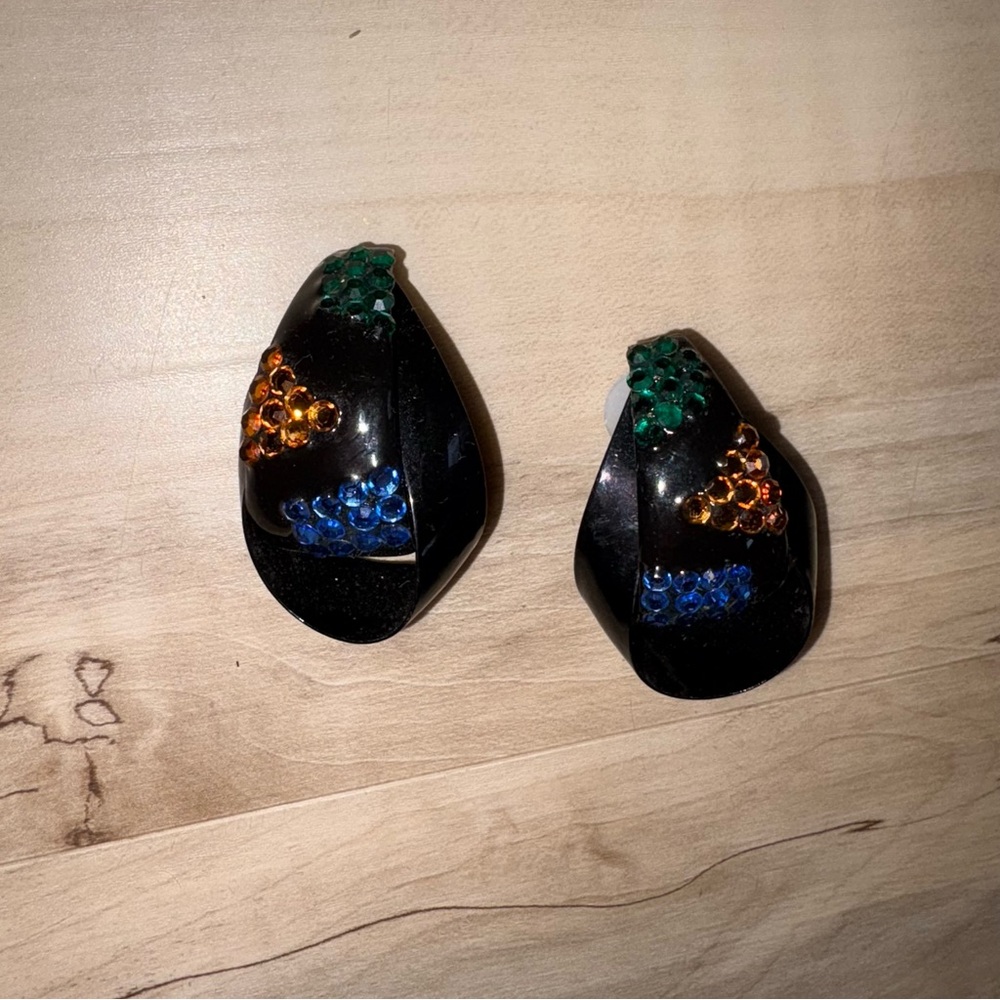 Elegant Earrings Black Decorative Accents with Multicolor Details